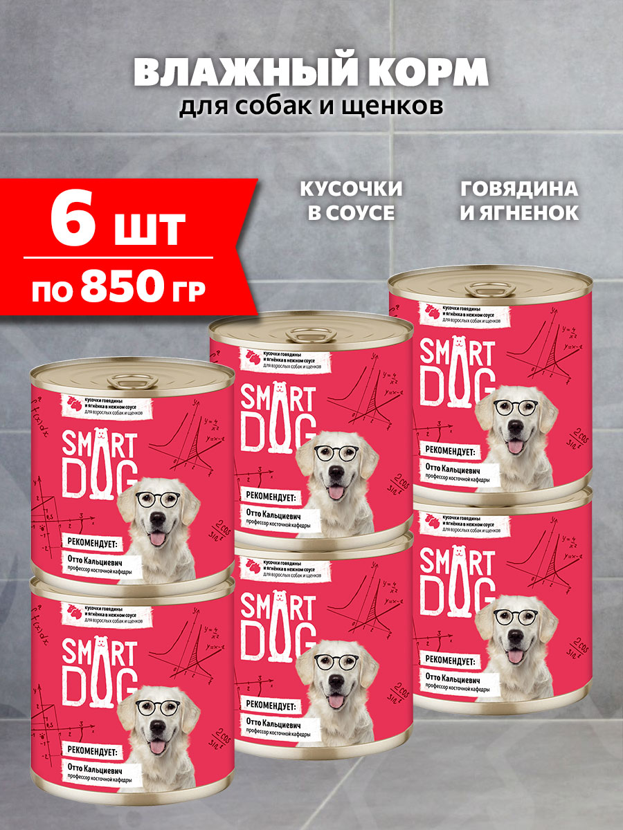 Корм влажный Smart Dog для собак и щенков, кусочки, говядина, ягненок в соусе, 850 г 6 шт