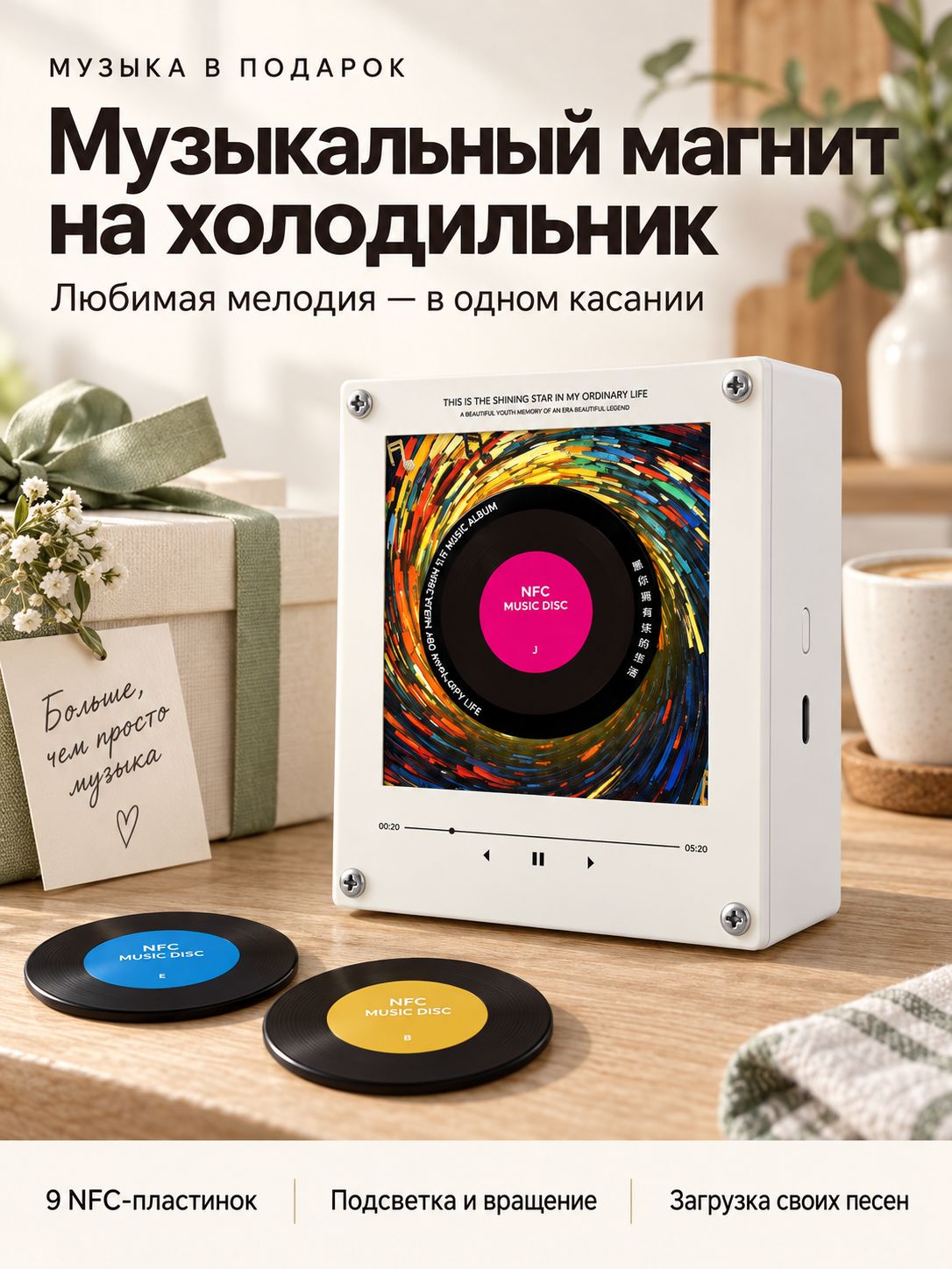 Музыкальный NFC-плеер магнит на холодильник, 9 NFC-дисков, декоративный проигрыватель музыки с подсветкой, подарок