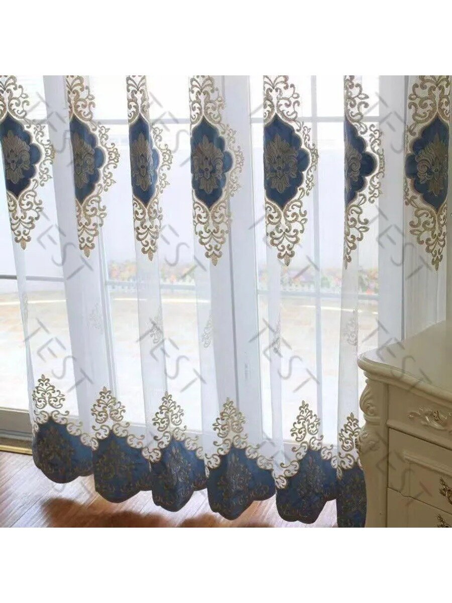 Тюль на люверсах 450x270 см с вышивкой темно-синий, 1 гардина, полиэфирный шелк