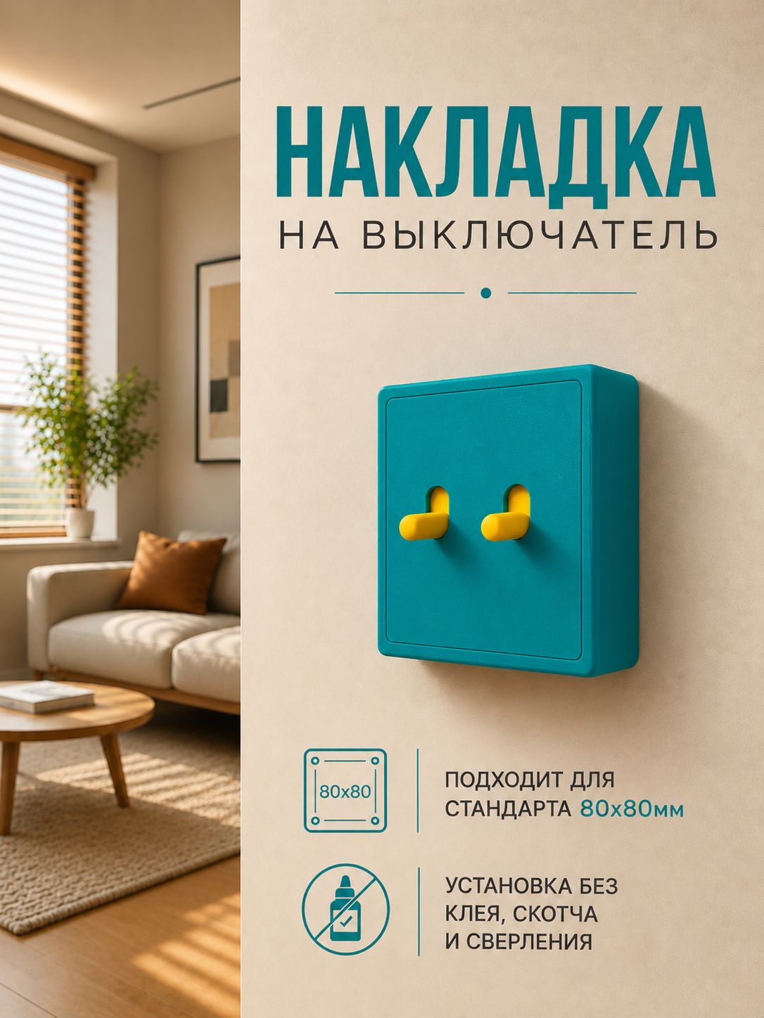 Декоративная накладка на выключатель 80х80мм дофаминовый декор двухклавишный бирюзовый