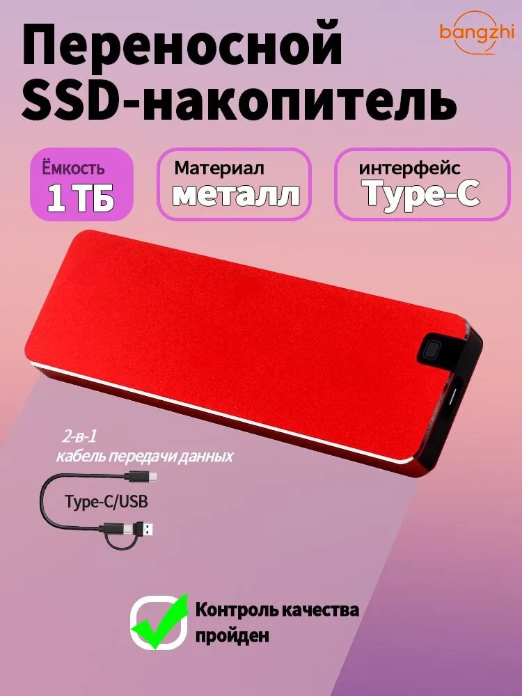 Bangzhi 1 ТБ Внешний SSD-диск (25DSSD-1TB), USB 3.1, чтение - 50 Мб/с, запись - 50 Мб/с, Металл, красный