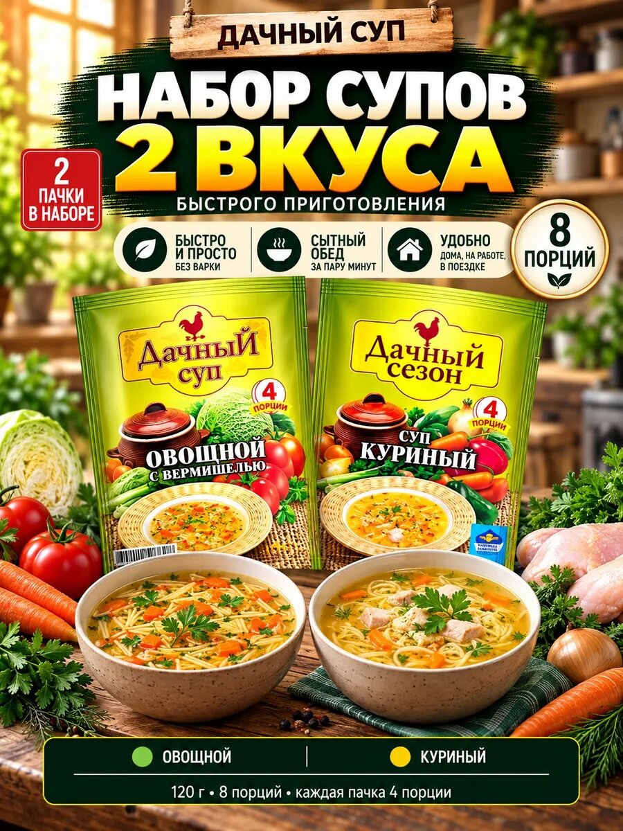 Набор супов 2 вкуса овощной куриный 120г — супы быстрого приготовления