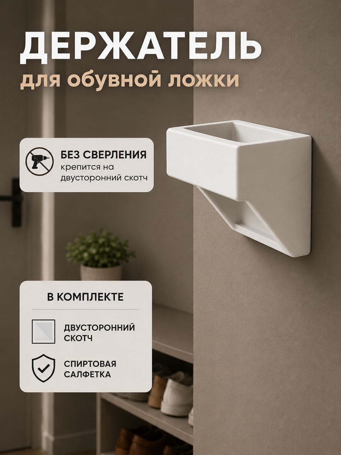 Самоклеящийся держатель для обувной ложки, рожка, лопатки настенный, белый, ложка или рожок для обуви, для удобного