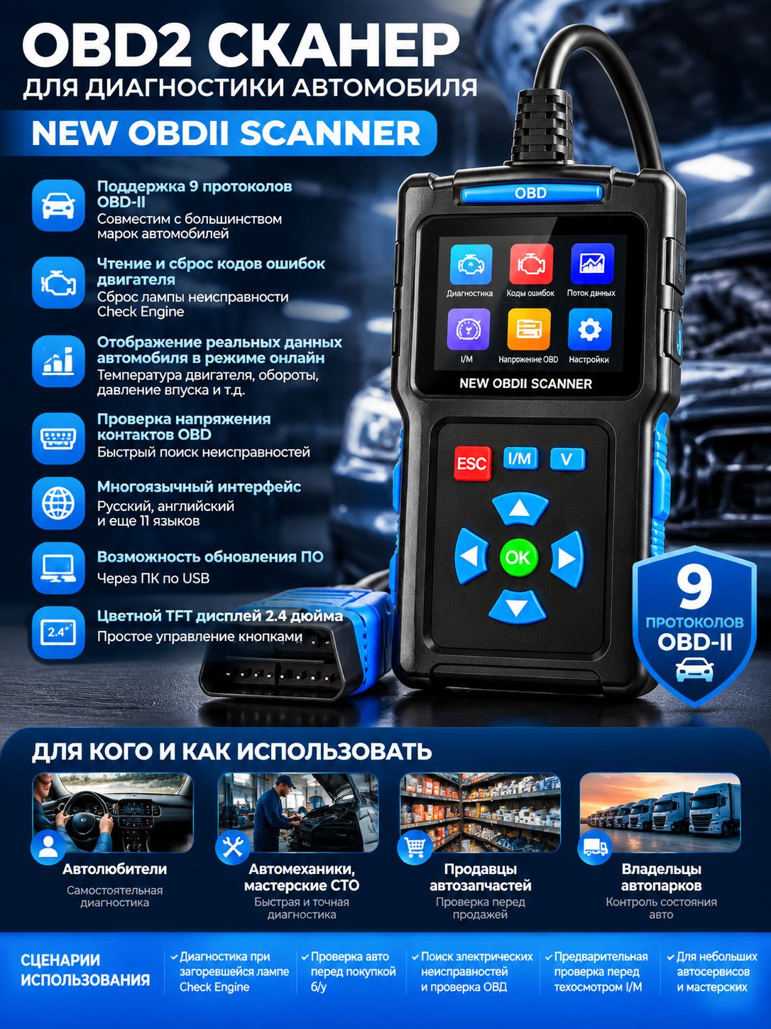 Диагностический сканер OBD II для авто и СТО, многоязычный интерфейс (русский язык), проверка напряжения OBD, онлайн-данные