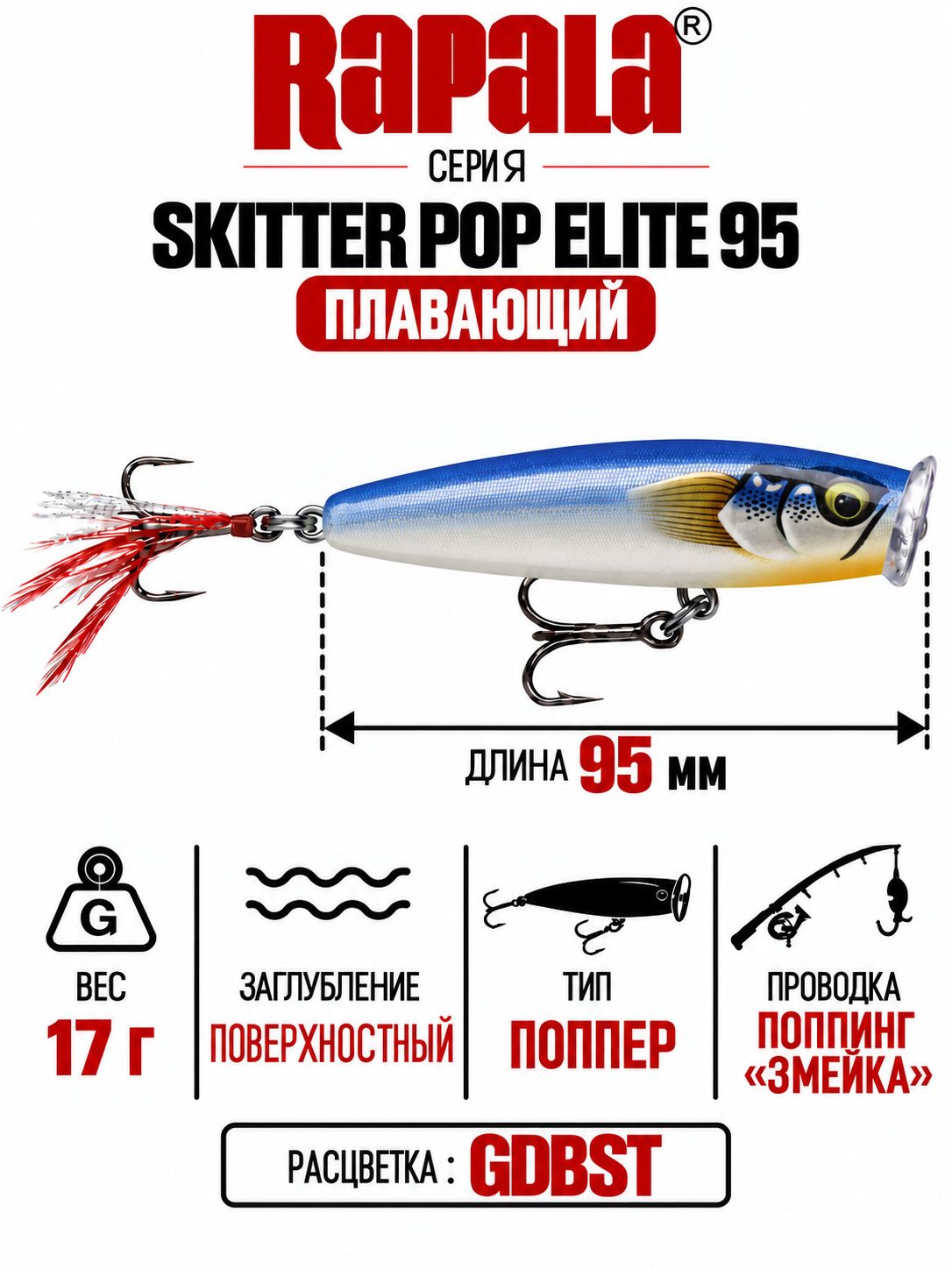 Воблер RAPALA Skitter Pop Elite 95 GDBST поверхностный 9,5см, 17гр.