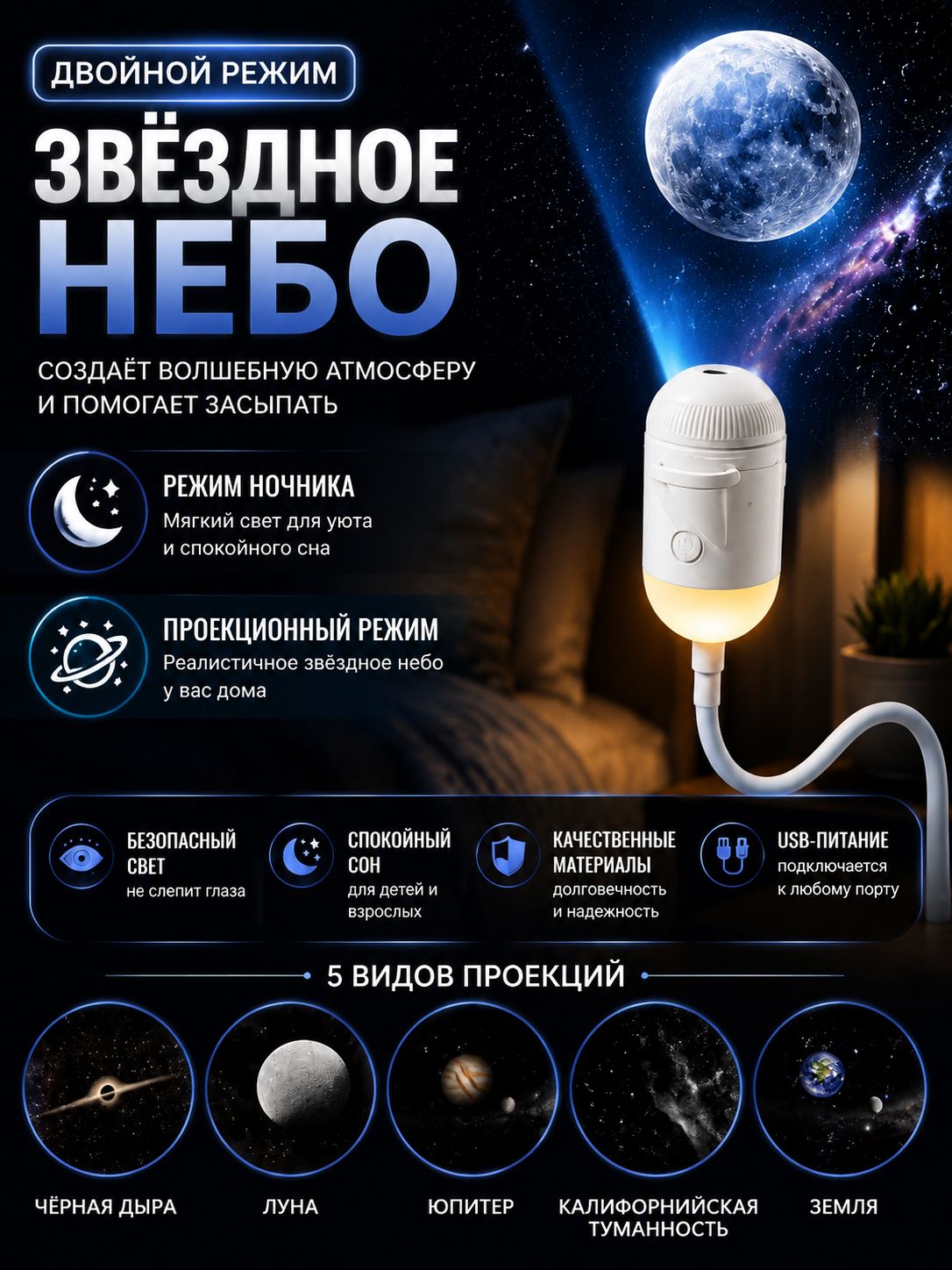 Мини проектор звездного неба с ночником сенсорное управление USB,5 астролябии