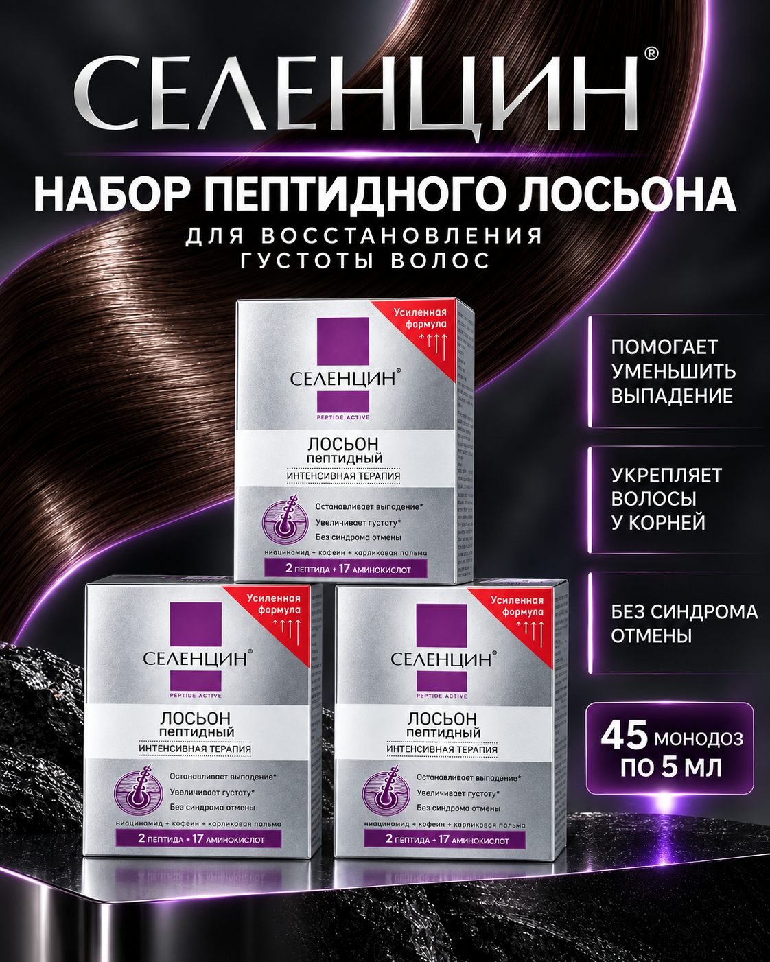 Лосьон Селенцин PEPTIDE Active, против выпадения, пептидный комплекс, 45 ампул, набор из 3 упаковок