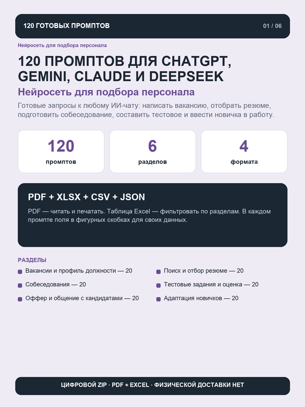 Нейросеть для подбора персонала: 120 промптов для вакансий, собеседований и адаптации, цифровой ZIP PDF Excel