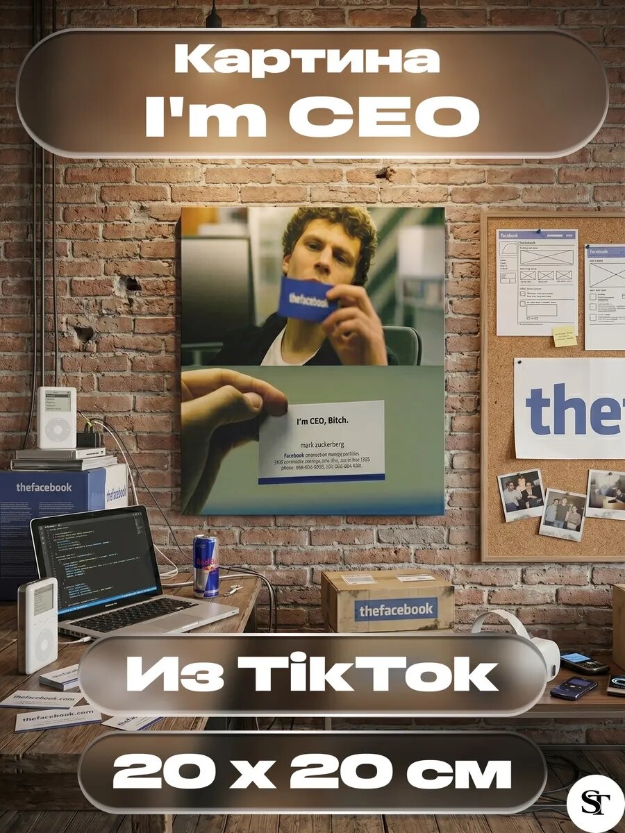 Картина "Марк Цукерберг - I'm CEO", 20x20 см, печать на холсте, деревянный подрамник