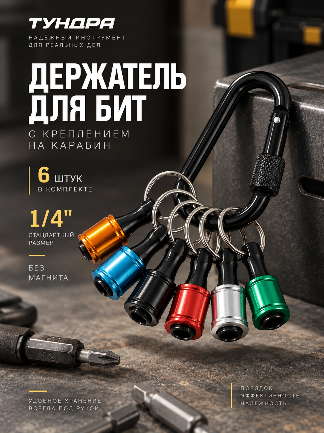 Держатель для бит тундра, крепление на карабин, без магнита, 1/4", 6 штук