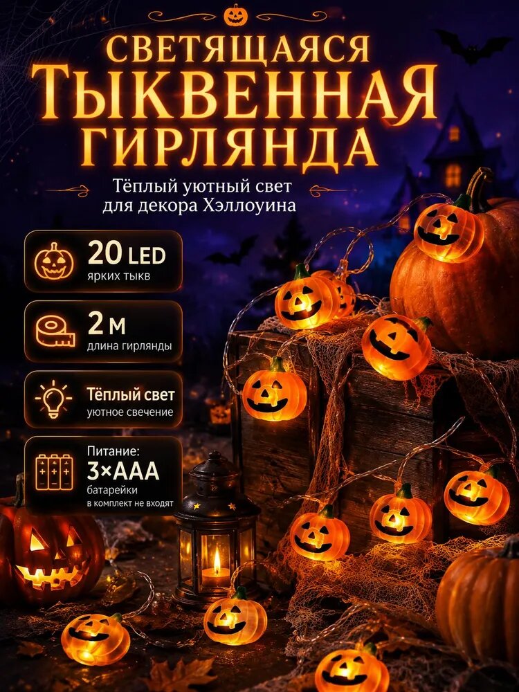 Гирлянда с тыквами на Хэллоуин 2 м, 20 LED светодиодная декоративная гирлянда с тёплым светом, питание 3 AAA для дома и вечеринки