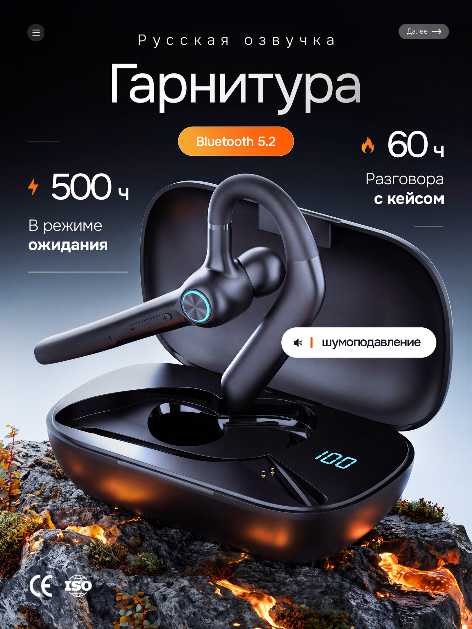 Гарнитура для телефона "Водителю", складная, версия Bluetooth 5.3, шумоподавление, черная