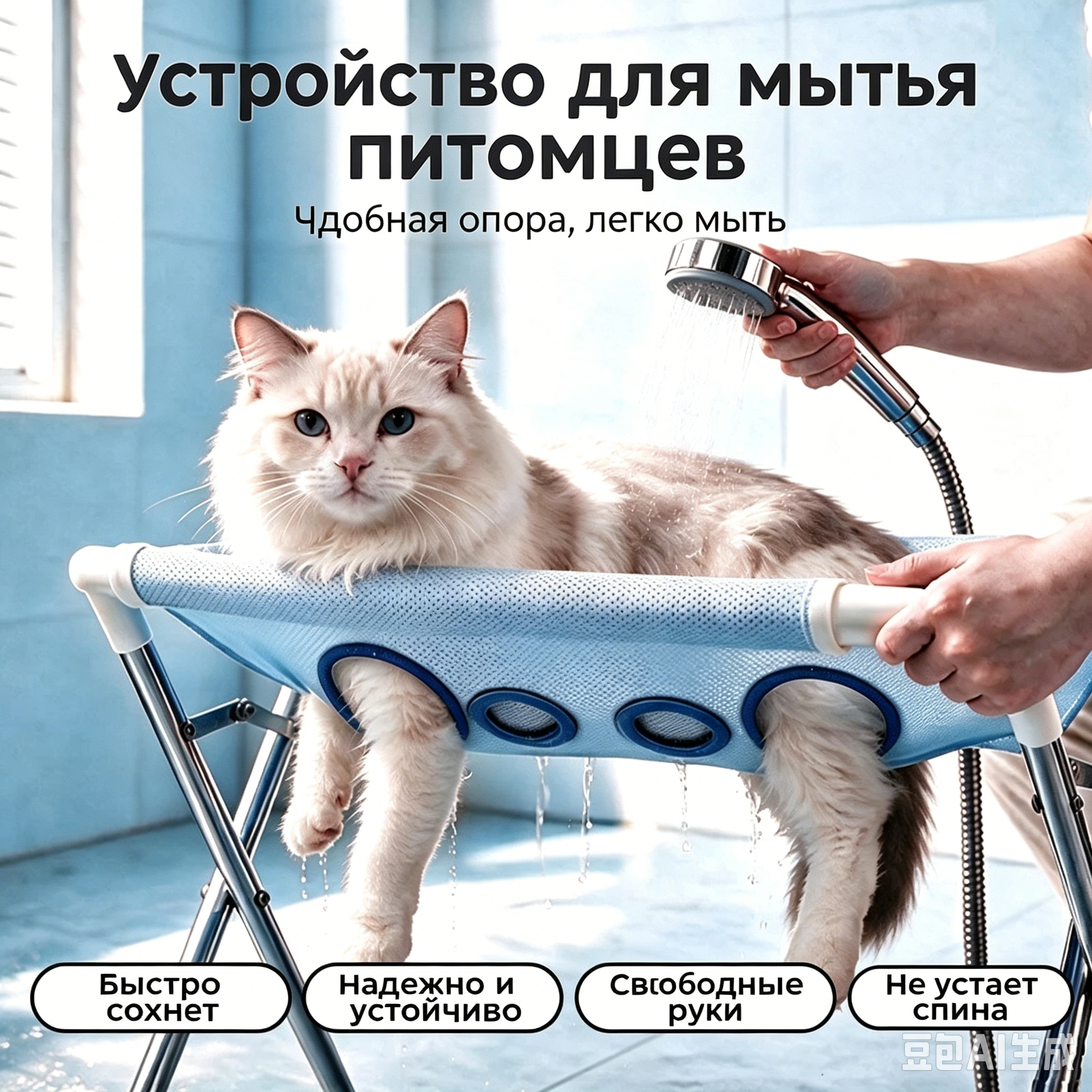 Нержавеющая стойка для купания кошек и собак с фиксацией, Цвет: небесно-голубой, Для стрижки и сушки