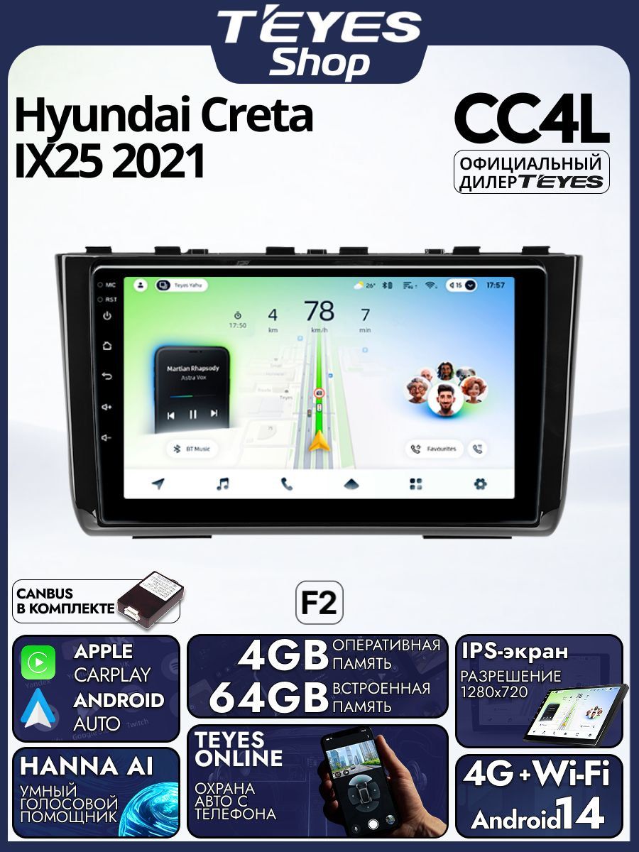 Магнитола Hyundai Creta 2 IX25 2021 (Тип F2) (Glossy) Teyes CC4L 4/64GB, штатная магнитола, IPS, DSP,4G, Wi-Fi