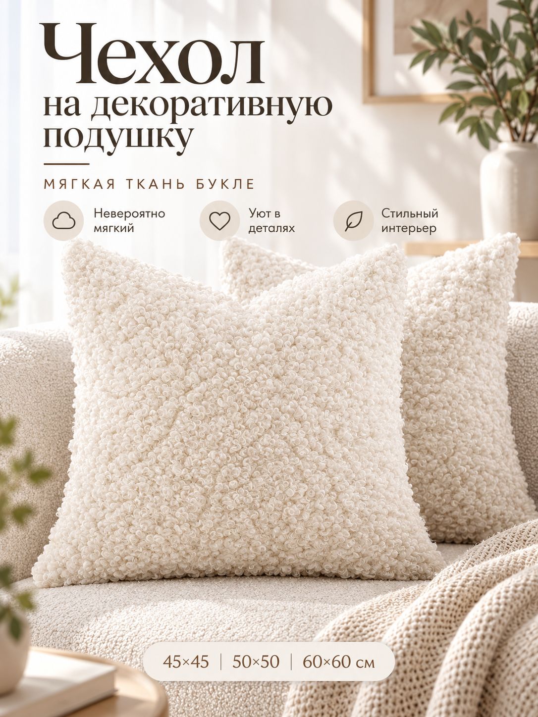 Наволочка декоративная "искусственный мех" 45x45 см, полиэстер, 1 шт белый