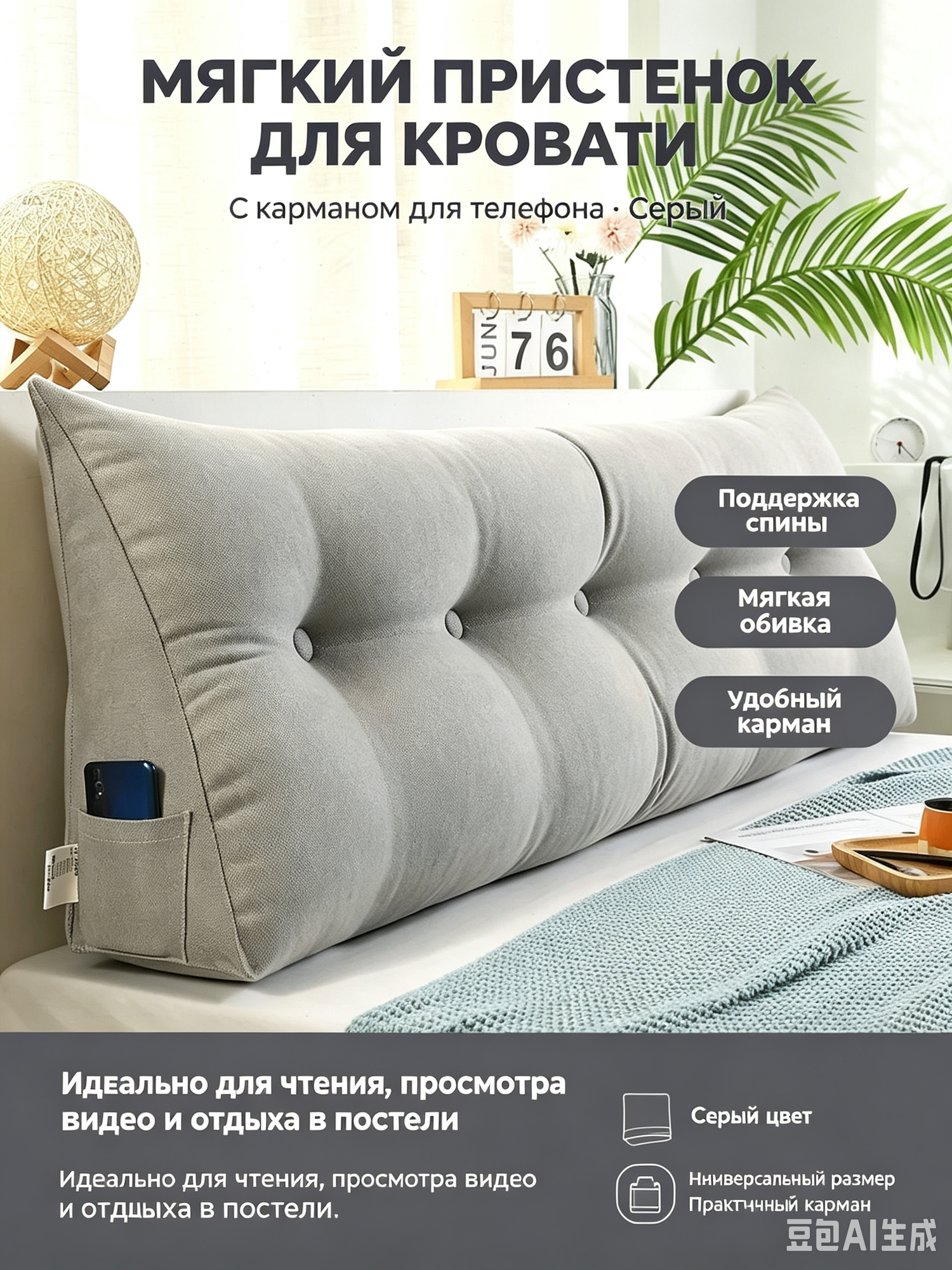 Треугольная подушка для кровати с карманом, мягкая опора спины для чтения в постели