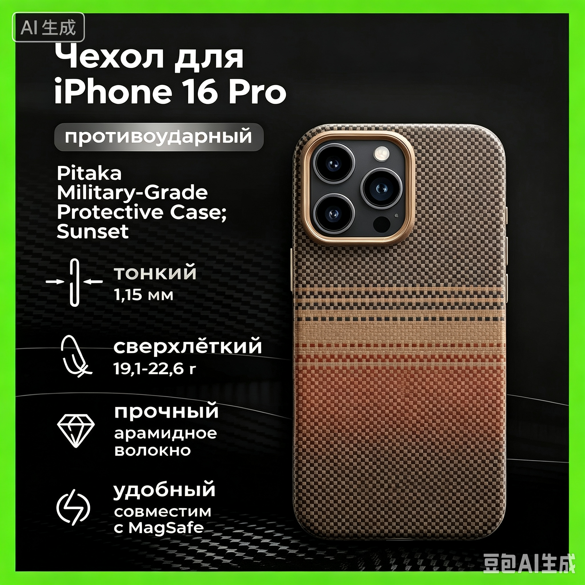 Противоударный чехол Pitaka Military‑Grade для iPhone 16 Pro Sunset, мягкий силикон