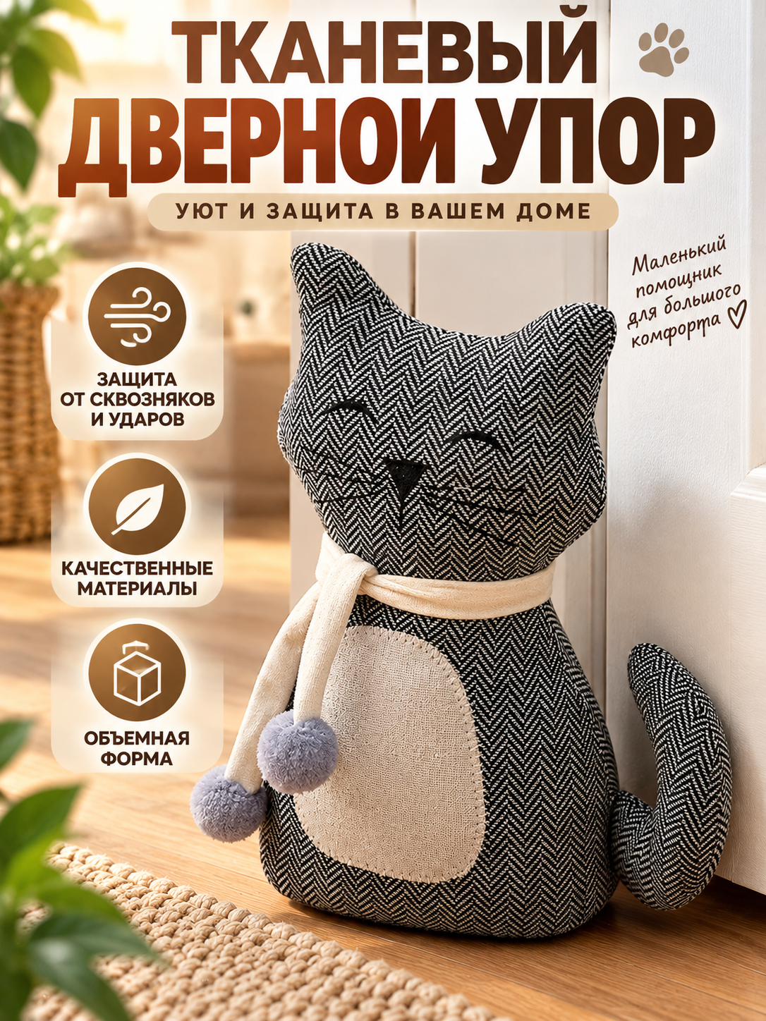 Тканевый дверной упор в виде кота, защита от сквозняков и ударов, качественный материал, объемная форма, декор для дома