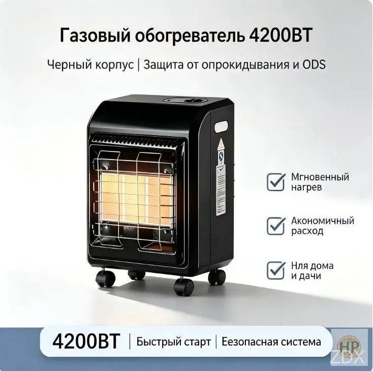 Газовый обогреватель с керамическими панелями, 3 режимами, защитой от опрокидывания и отключения при недостатке