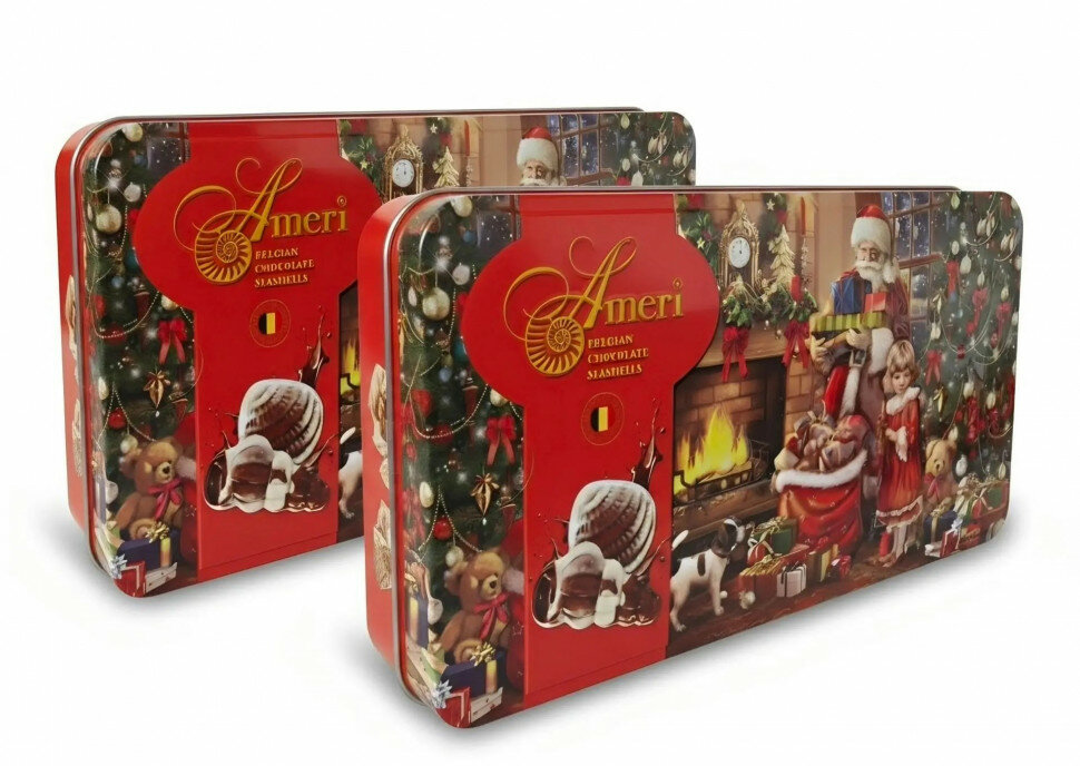Ameri Жестяная Новогодняя коробка 125 г конфеты шоколадные ракушки 2 штуки