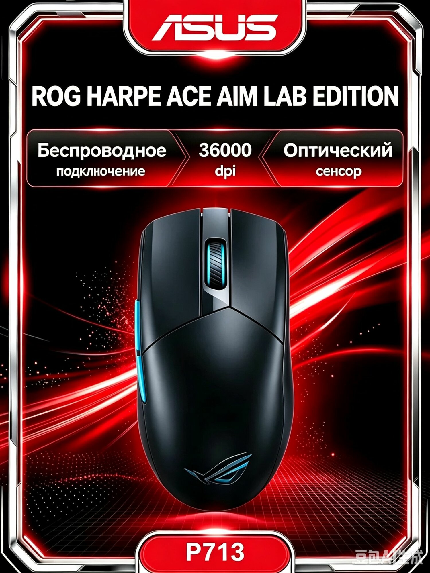ASUS Игровая мышь беспроводная, черный, лазурный