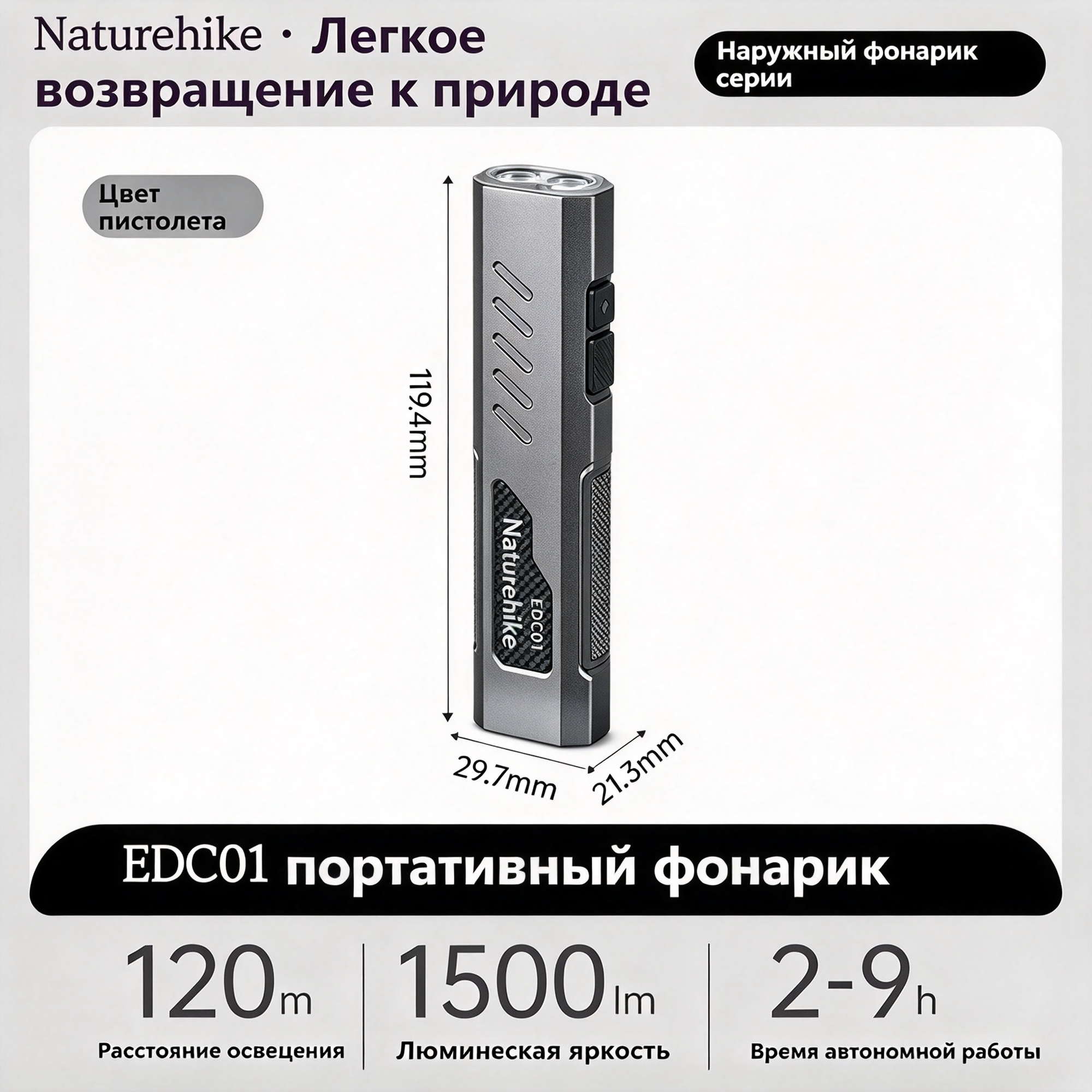 Naturehike EDC01 Наружный портативный фонарик Можно носить с собой CNK2450ZM016