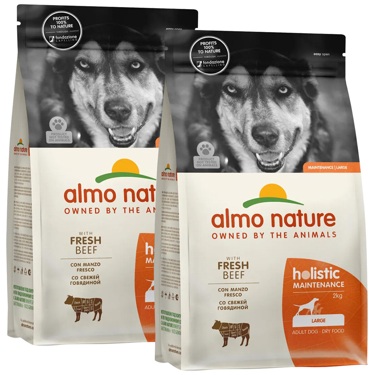 Корм сухой Almo Nature Holistic Life Maintenance Large Breed & Fresh Beef для взрослых собак крупных пород, говядина, коричневый рис, 2 кг 2 шт