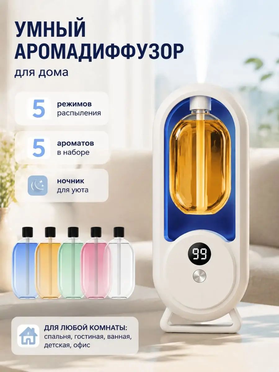 Умный аромадиффузор, автоматический освежитель воздуха для дома, спальни, туалета и автомобиля, 5 ароматов