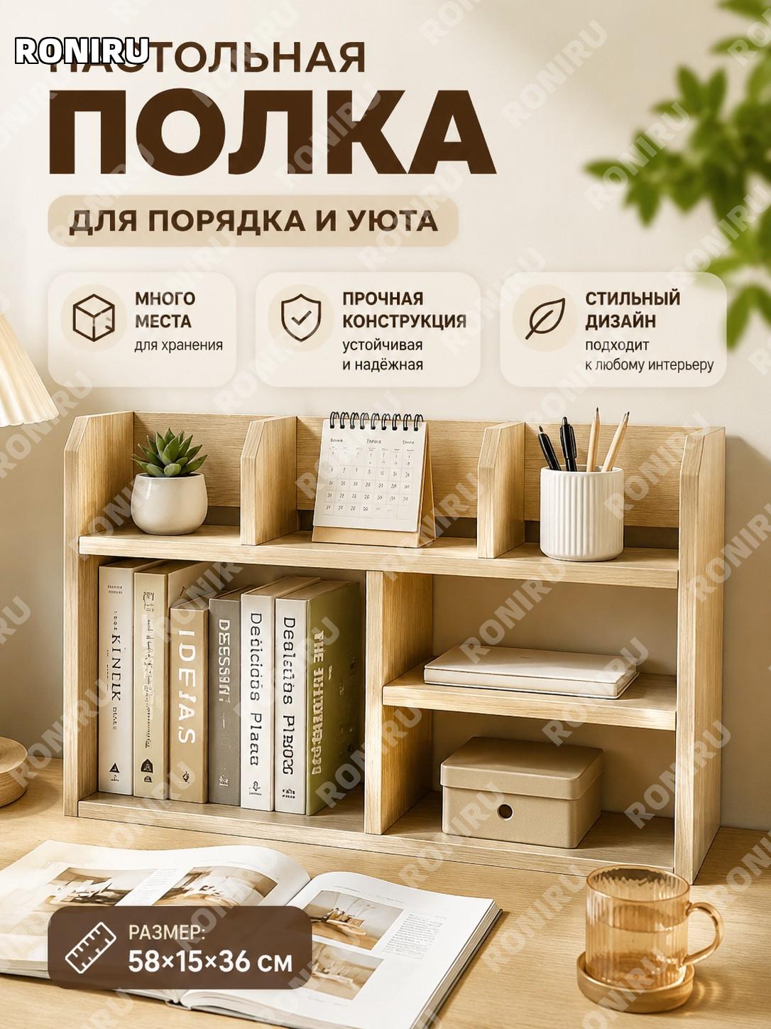 Настольный стеллаж для книг 58×15×36 см, простой вариант, цвет дуб брашированный, многоуровневая полка органайзер