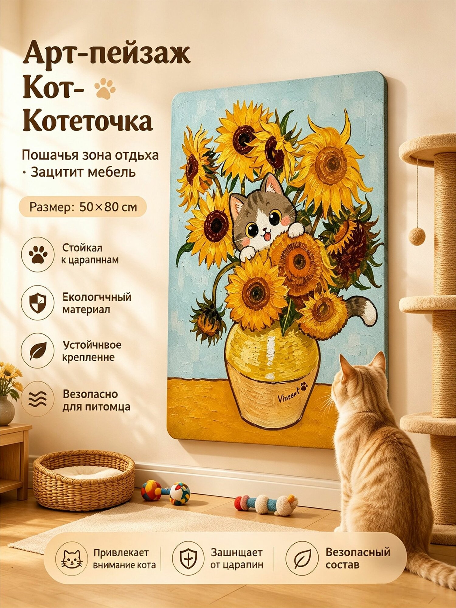 Когтеточка настенная самоклеящаяся 50 80 см с декором, защита мебели