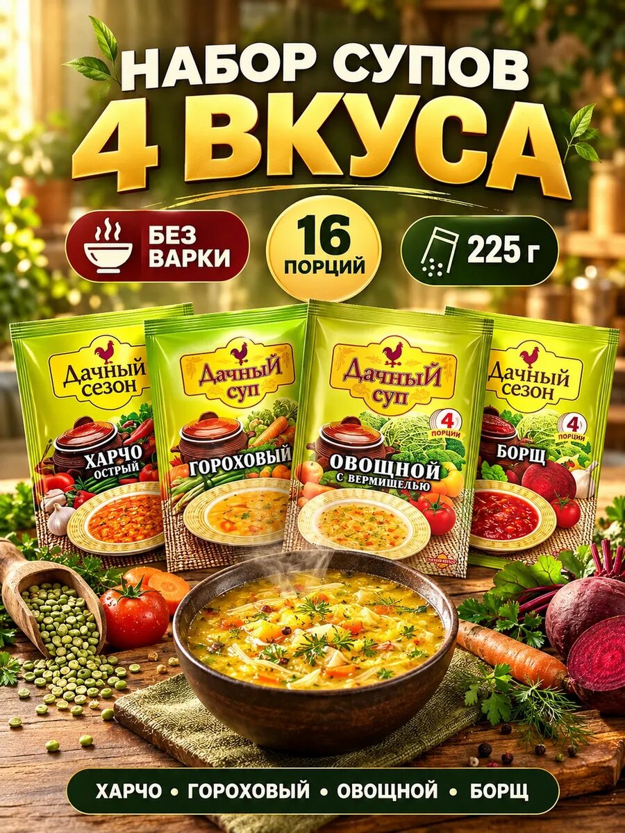 Набор супов 4 вкуса харчо гороховый овощной борщ 225г — супы быстрого приготовления