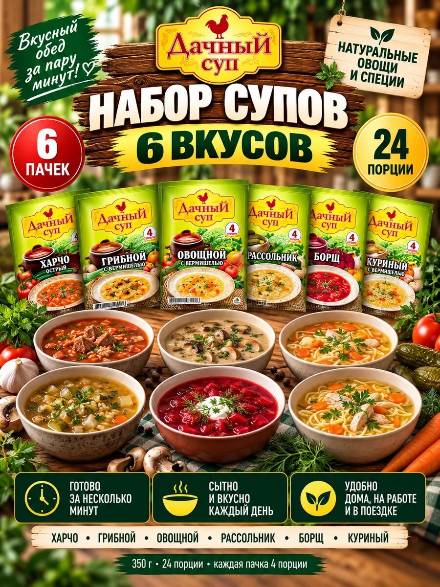 Набор супов 6 вкусов 350г харчо грибной овощной рассольник б