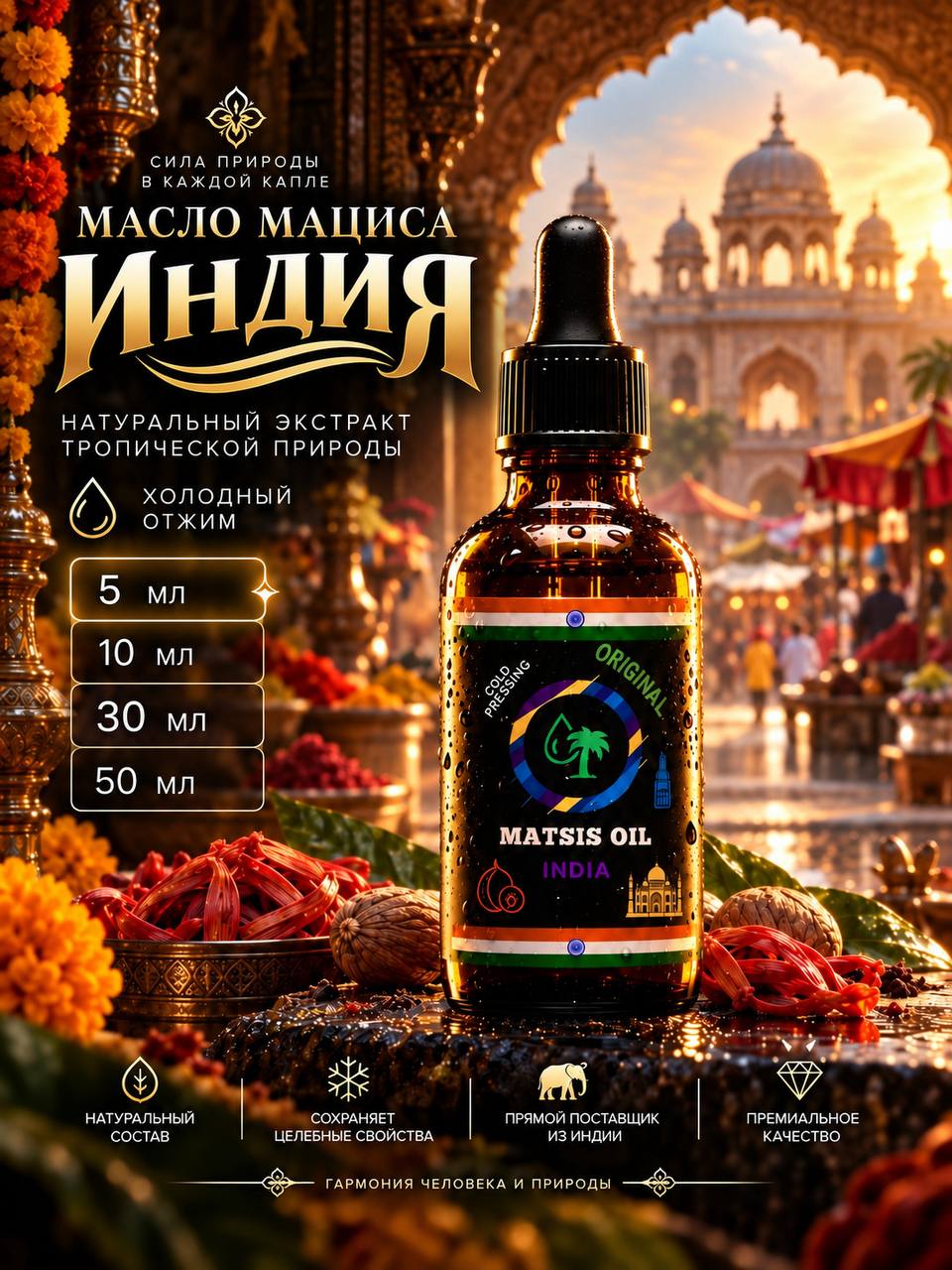 Масло Мациса 5 мл Индия Сыродавленное Холодногоотжима