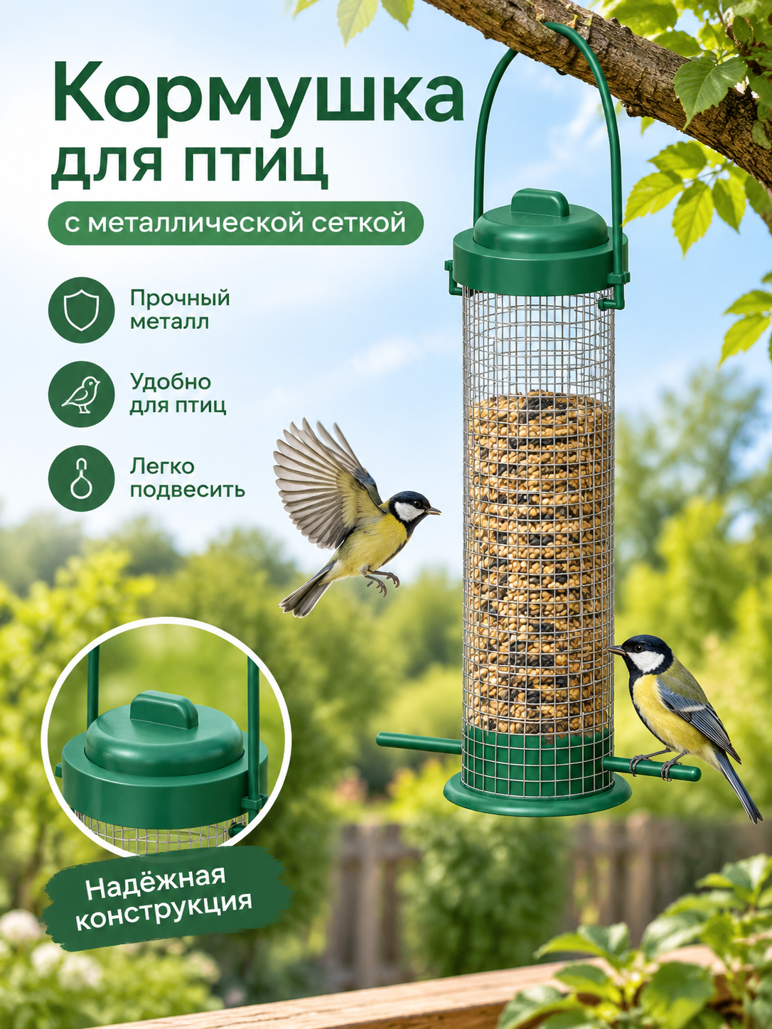 Кормушка для птиц, с металлической сеткой, зелёная, подвесная