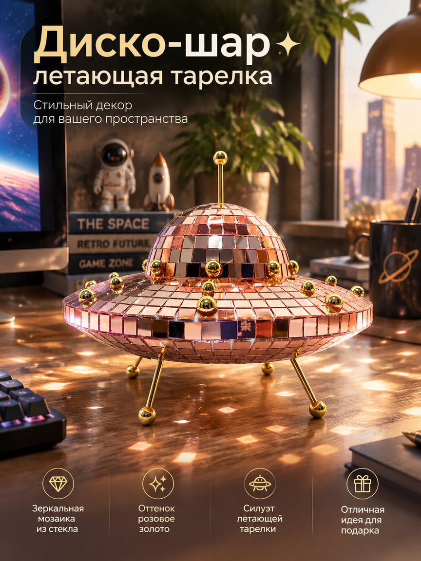 Диско-шар летающая тарелка настольная, зеркальная мозаика розовое золото, декор 20×20×13 см