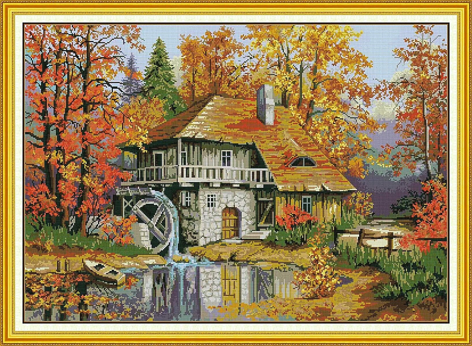 NKFвышивка крестом наборы, схема на16CT "Осенняя водяная мельница", 66*48CM