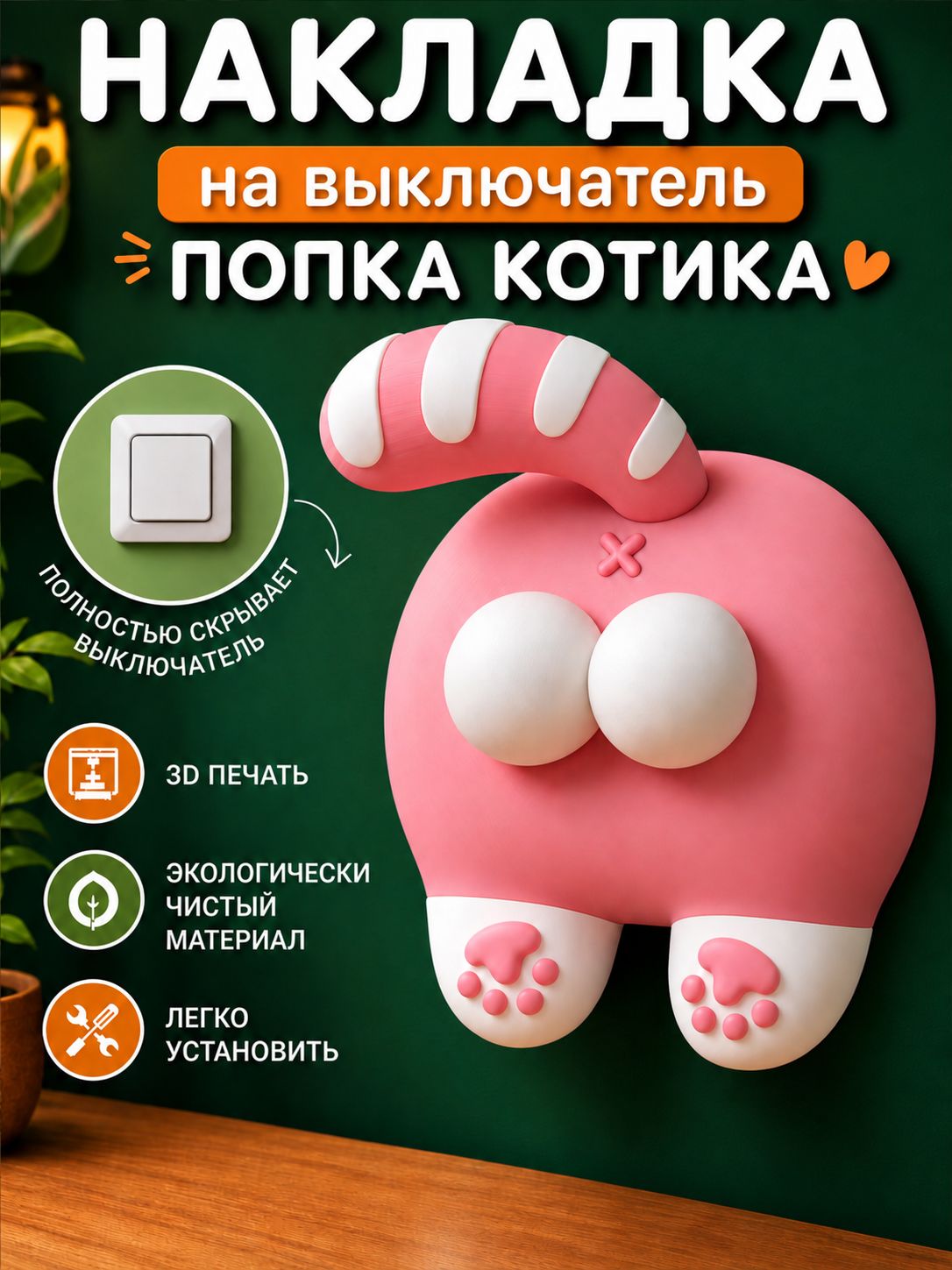 Накладка на выключатель декоративная в виде кошачьей попки