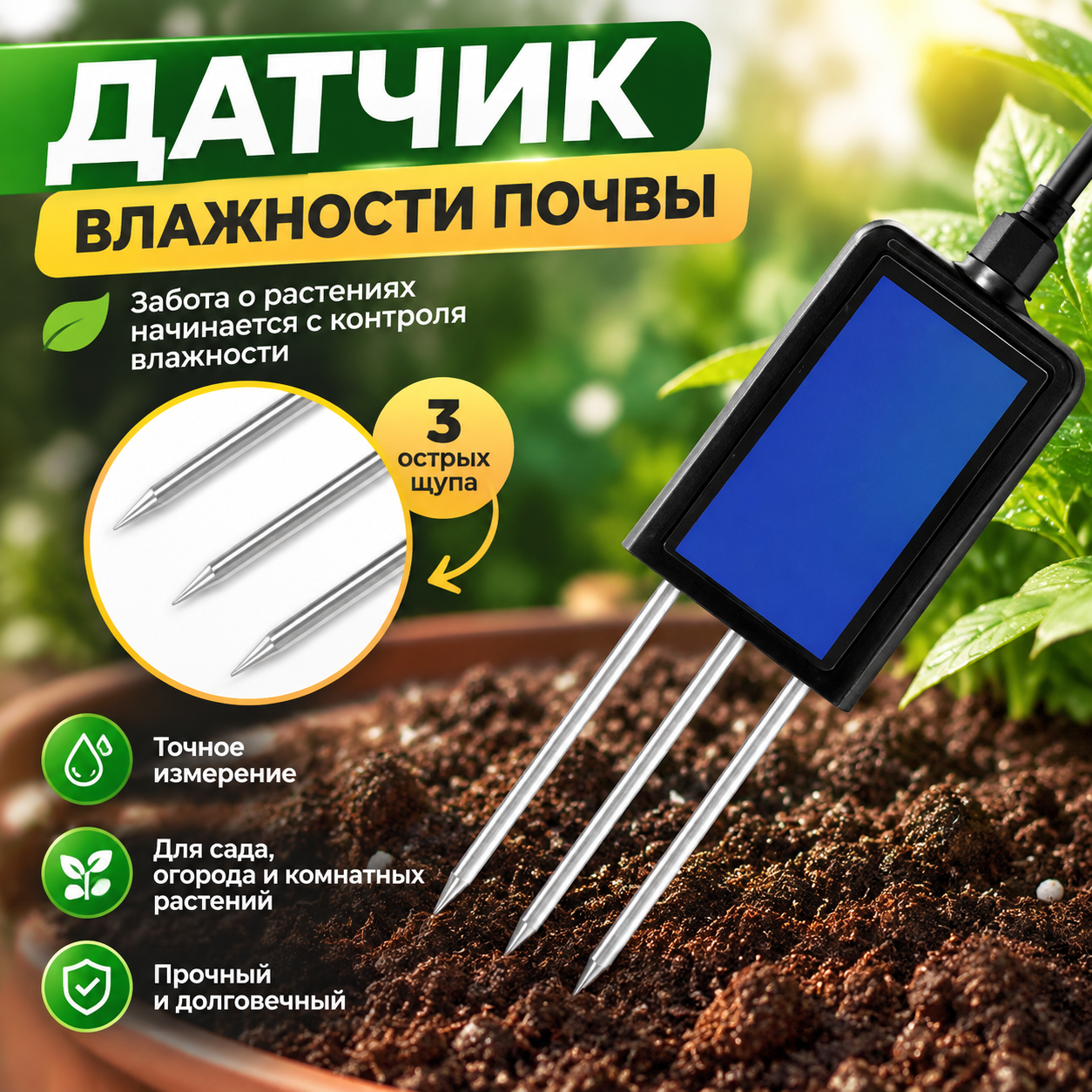Высокоточный датчик влажности и температуры почвы RS485 pH EC NPK IP68 Modbus 135×65 мм для теплиц, садов и полей