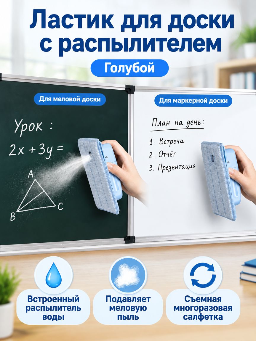 Эксклюзивный ластик для доски, оснащенный встроенным распылителем воды, подавляет меловую пыль, подходит для меловой зеленой и маркерной д
