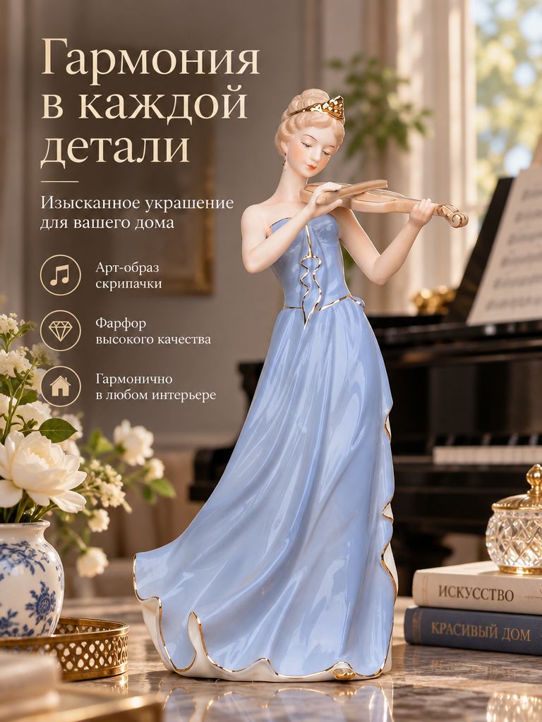 Фигурка декоративная Фарфоровая музыкальная скрипка западный женский, высота 30 см, длина 30 см