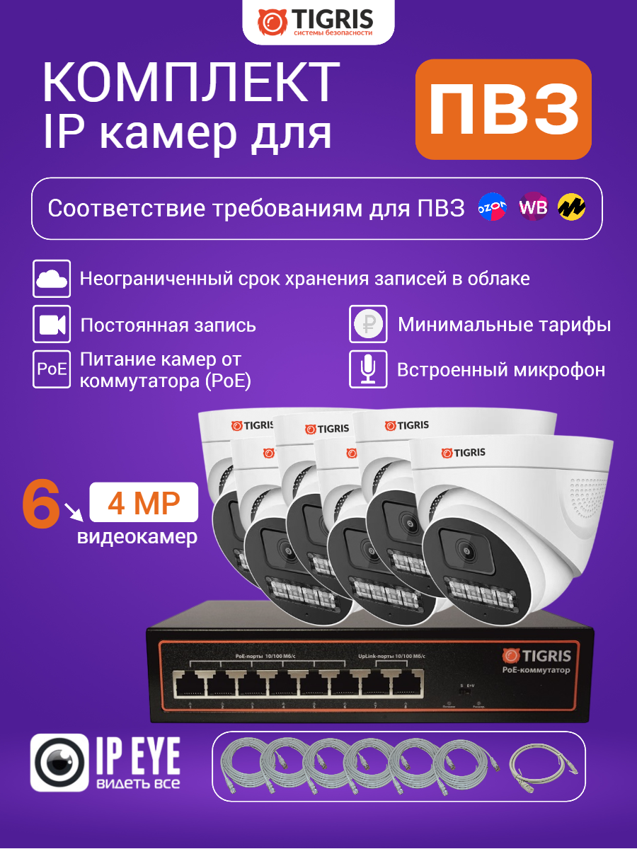 Комплект видеонаблюдения для ПВЗ на 6 купольных камер 4 Мп с сервисом IPEYE