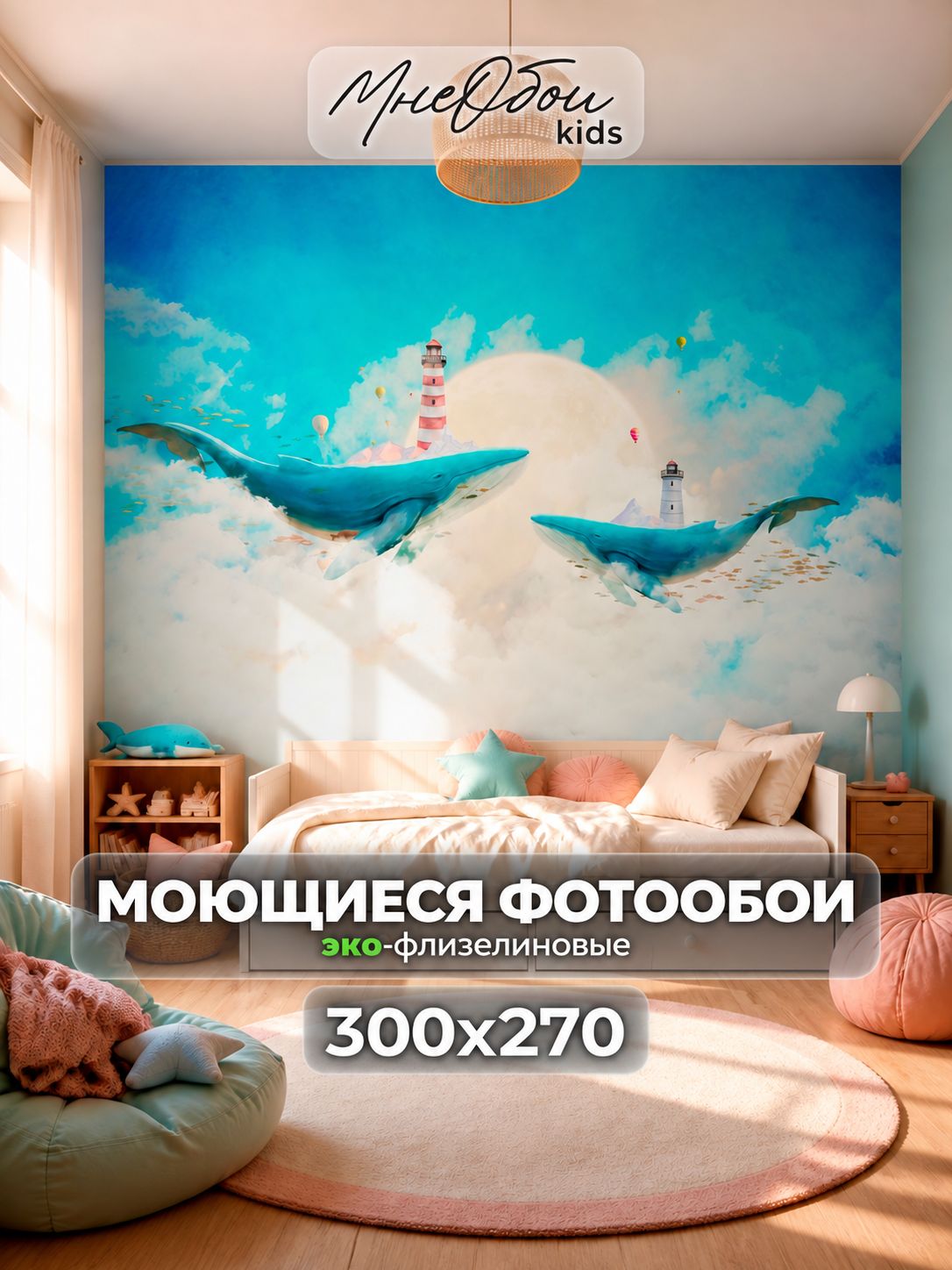 Фотообои на стену в детскую 3d 300х270 (ШхВ) фото обои для мальчика и девочки, киты