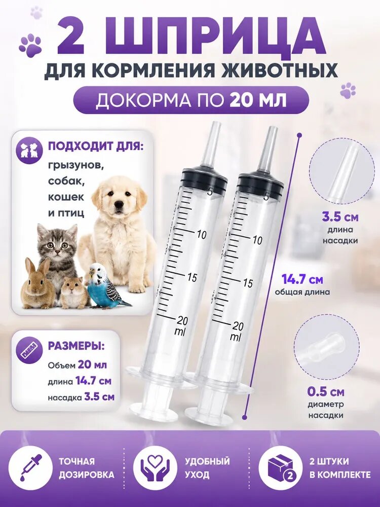 2 шприца для кормления животных докорма по 20 мл, медицинский шприц без иглы для выпаивания кошек, собак, грызунов и птиц, набор для ухода за питомцами