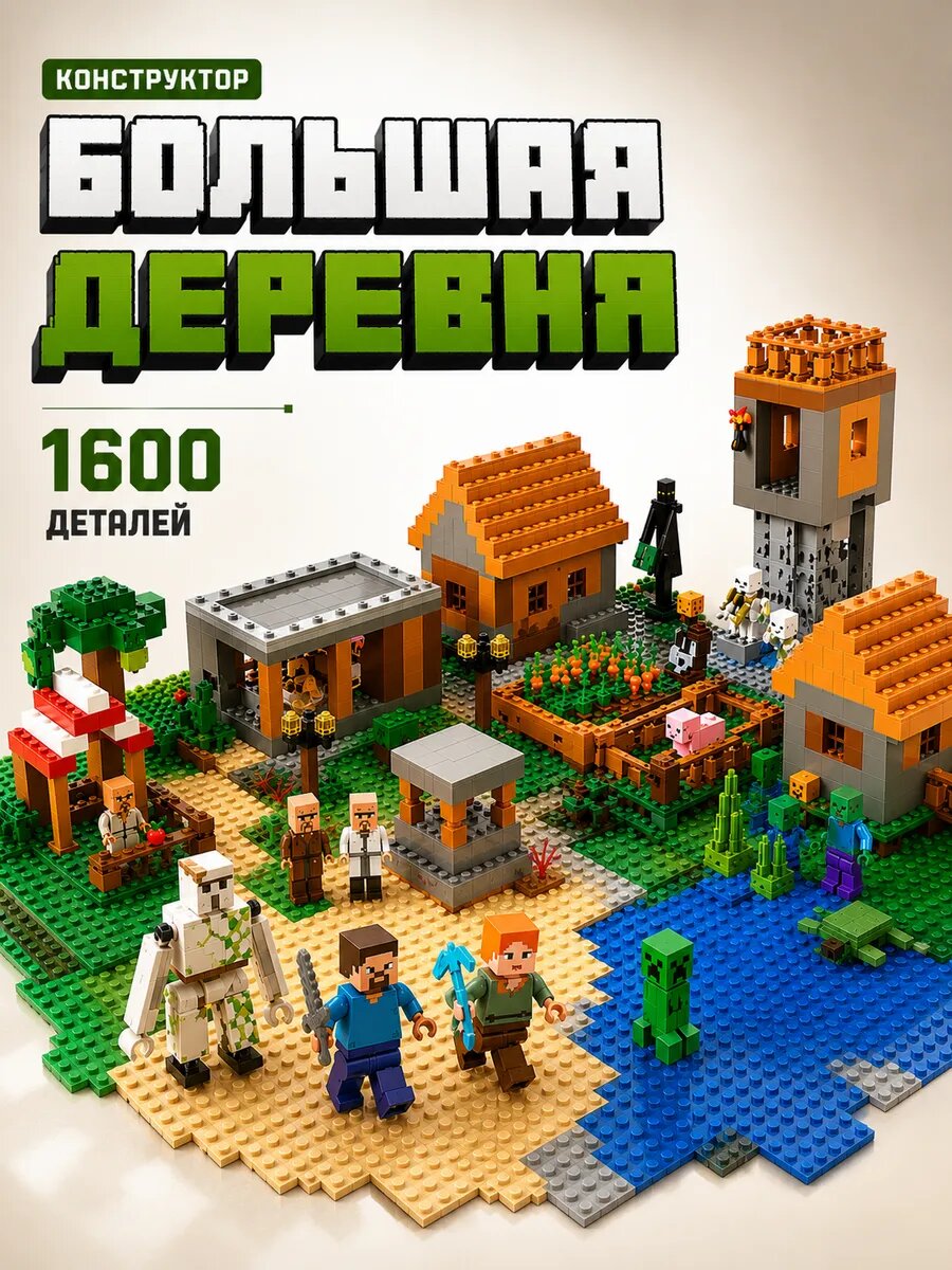Конструктор пластиковый Майнкрафт Minecraft Большая деревня, 1600 деталей, совместим с лего
