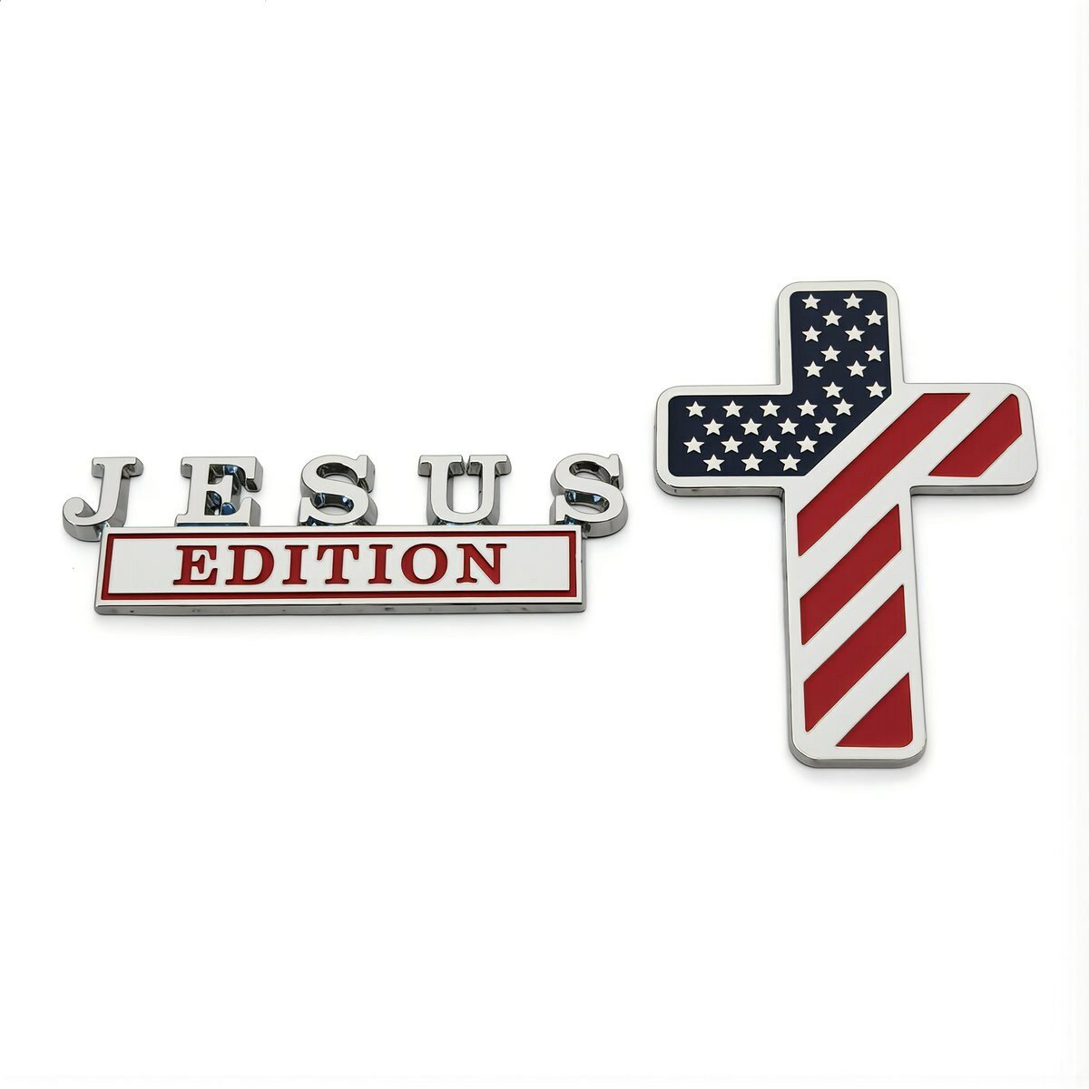 Декоративный значок для тюнинга авто JESUS EDITION крест флаг США комплект деталей цвет серебро красный