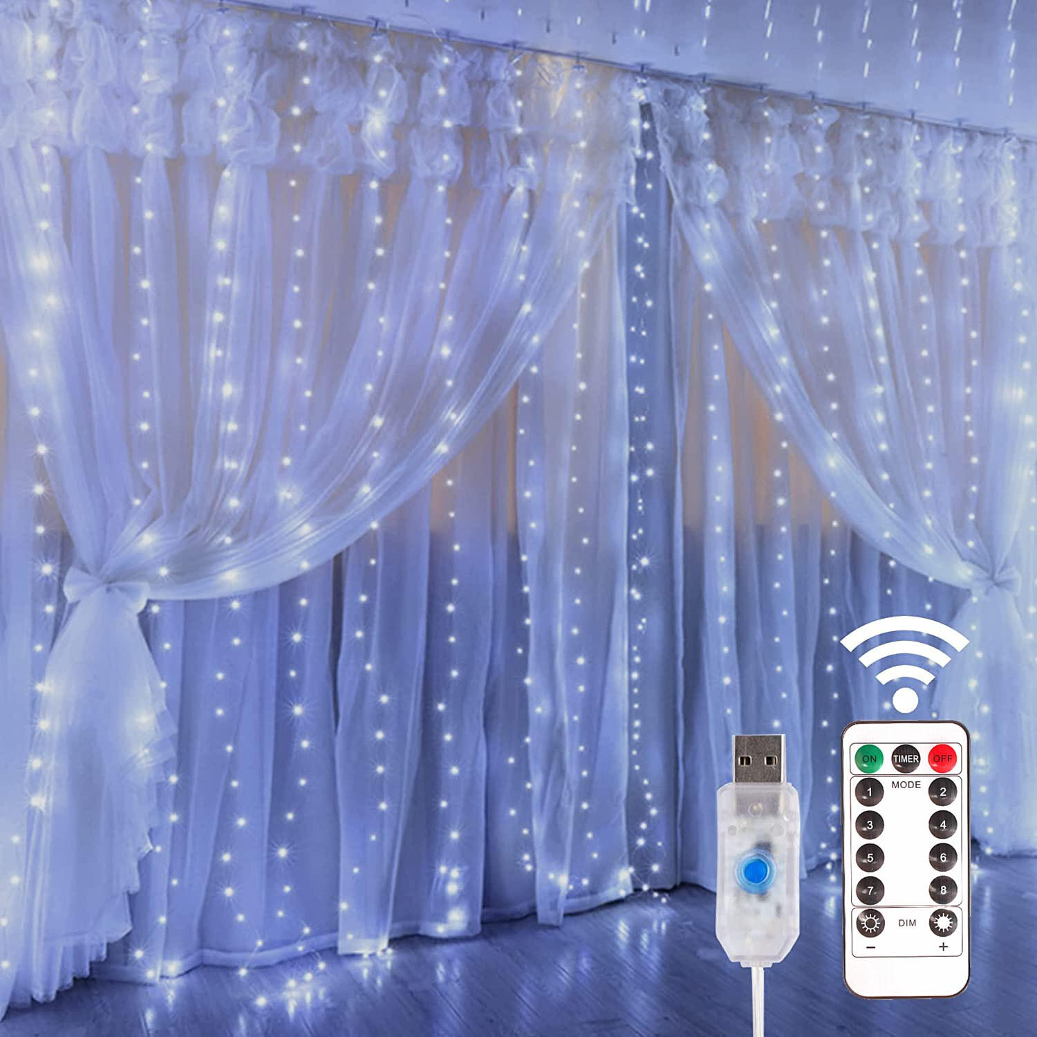 LED-гирлянда-штора на медной проволоке, 300 светодиодов, 3x3 м, питание от USB, с пультом ДУ, 8 режимов, белый свет