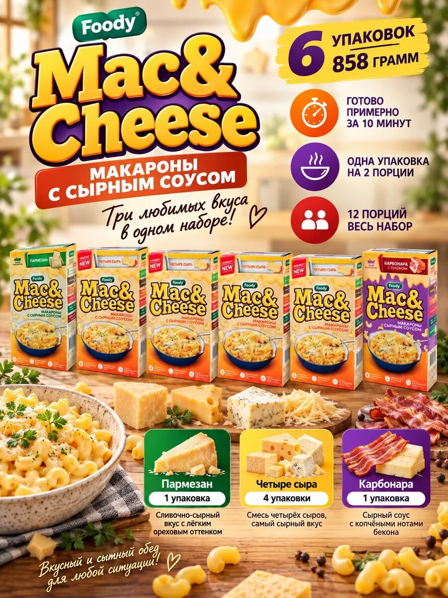 Макароны Mac&Cheese 3 вкуса набор 6 шт 858 г, срок годности 306 дней