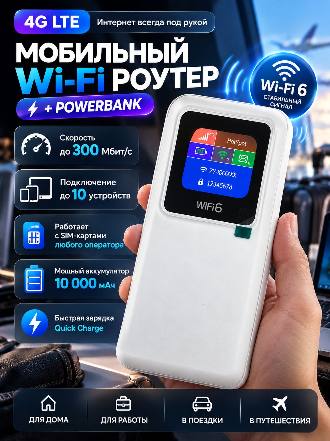 WiFi роутер карманный для сим карты 4G LTE, PowerBank 10.000mAh, 2в1