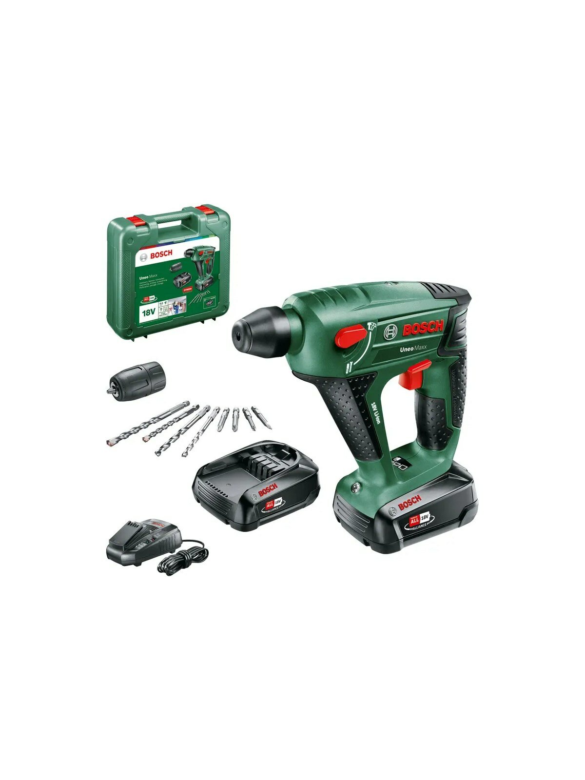 Перфоратор аккумуляторный Bosch UNEO Maxx 18V, (2 АКБ 2.5 Ач, 18V-вольтовая система, макс. глубина сверления в бетоне 10 мм, в кейсе), 0603952327