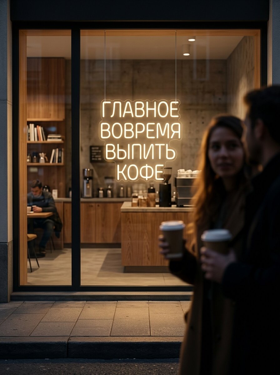 Неоновая вывеска "Главное вовремя выпить кофе" 60х60см, неоновая надпись, LED светильник для кофейни